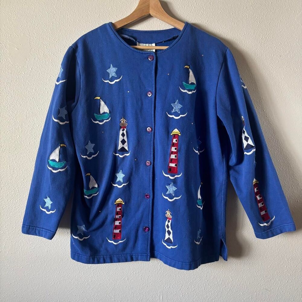 Vintage Quacker Factory Blue Cardigan Lighthouse Sea Motif Size Medium